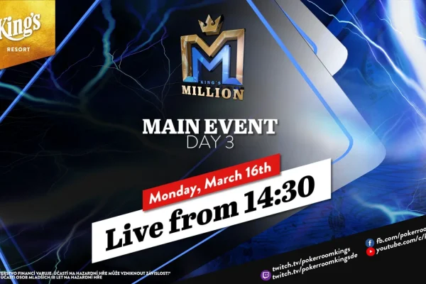 Понедельник, с 14:30 — День 3 €250 King’s Million NLH Main Event из King’s!