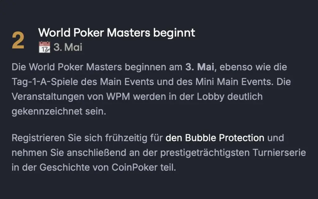 CoinPoker World Poker Masters WPM - Этапы