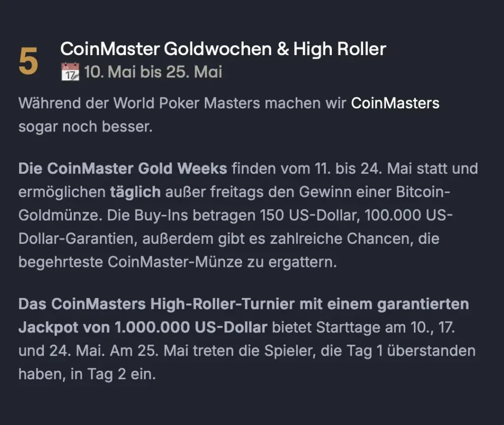 CoinPoker World Poker Masters WPM - Этапы